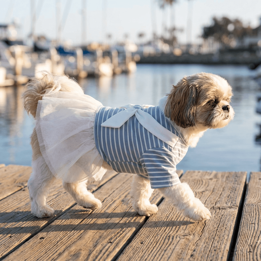 White Bowtie Dog Dress on a dog near water, perfect for spring and summer outings with its stylish bow and cotton material.