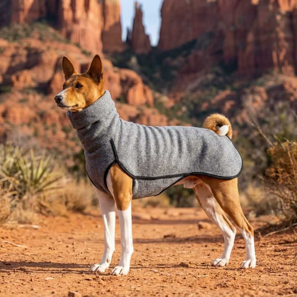 Winter High Collar Dog Sweater on a stylish dog outdoors, featuring breathable rabbit fleece for warmth and comfort.