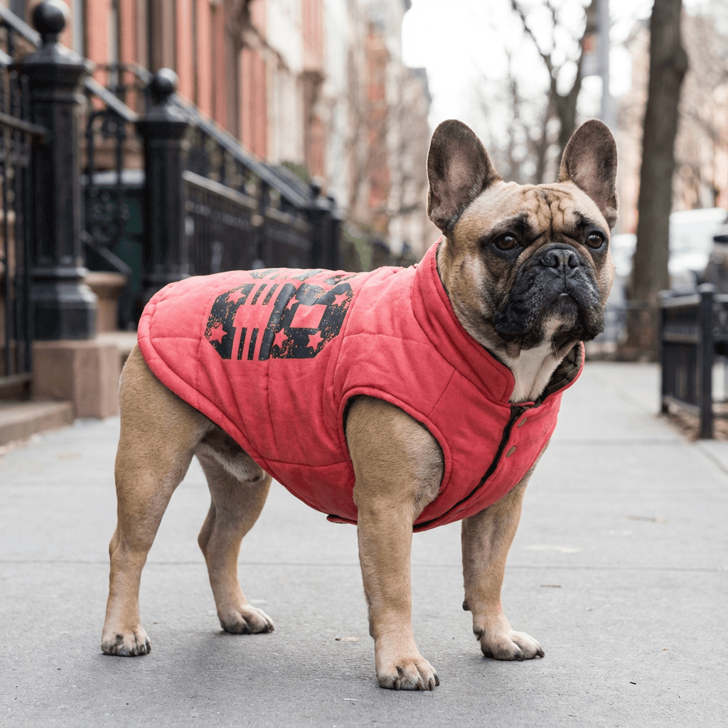 Winter Stars Double-sided Vest on a French Bulldog, featuring breathable lightweight material and elasticated sleeves by Dogs & Cats.
