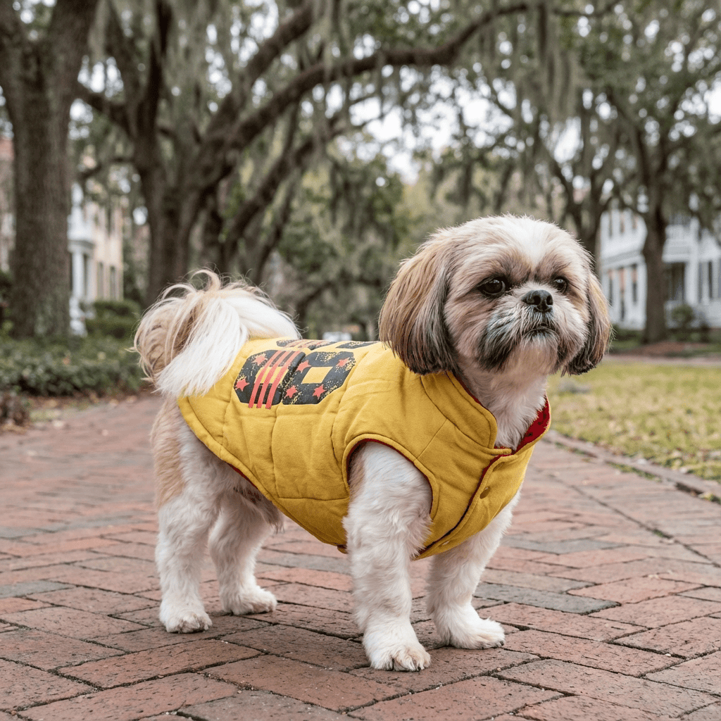 Dog wearing Winter Stars Double-sided Vest in yellow with contrasting print, perfect for style and warmth.