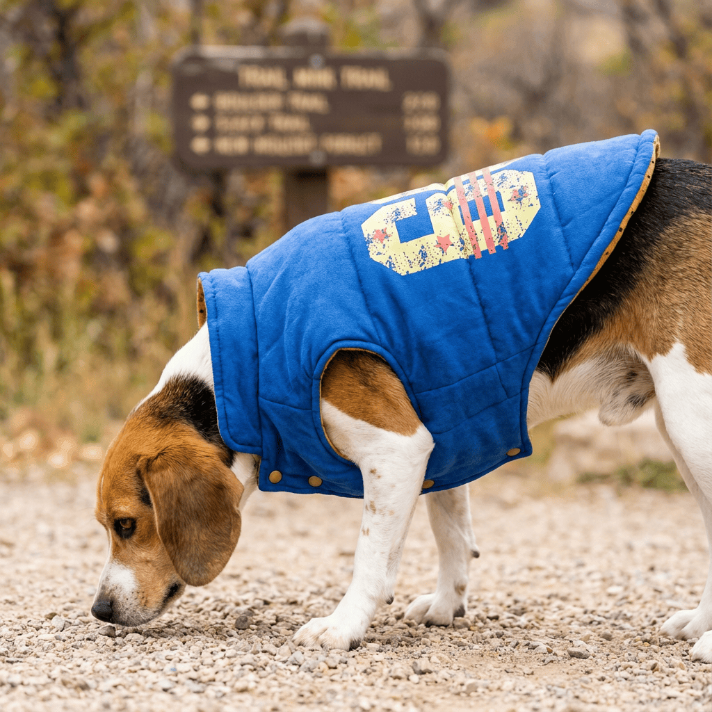 Winter Stars Double-sided Vest on a dog outdoors, showcasing its solid color and contrasting print, by Dogs & Cats.