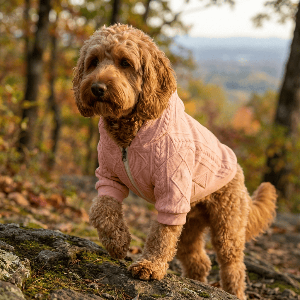 Woolen Hooded Dog Sweater on a dog outdoors, stylish and warm for dogs and cats by Dogs & Cats brand.