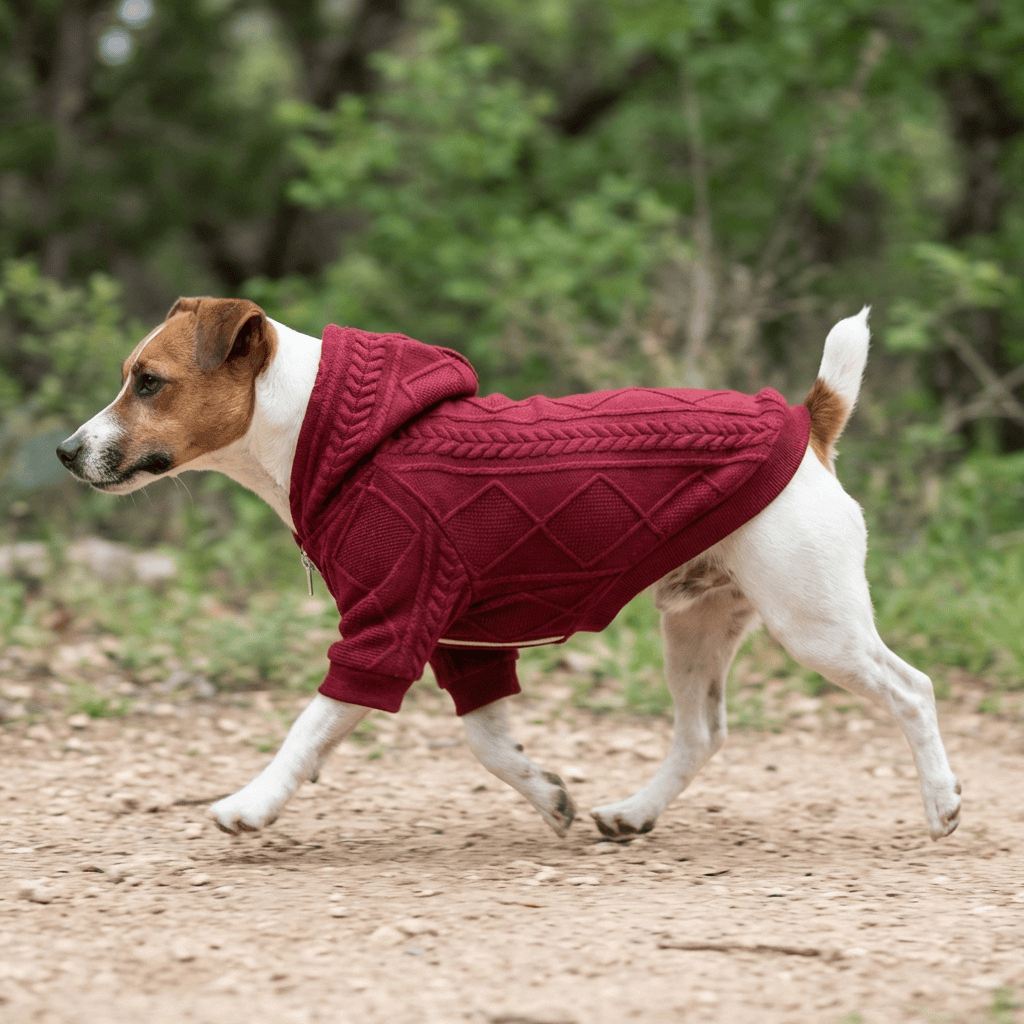 Red Woolen Hooded Dog Sweater on a dog, stylish, warm, perfect for outdoor activities, from Dogs & Cats brand.