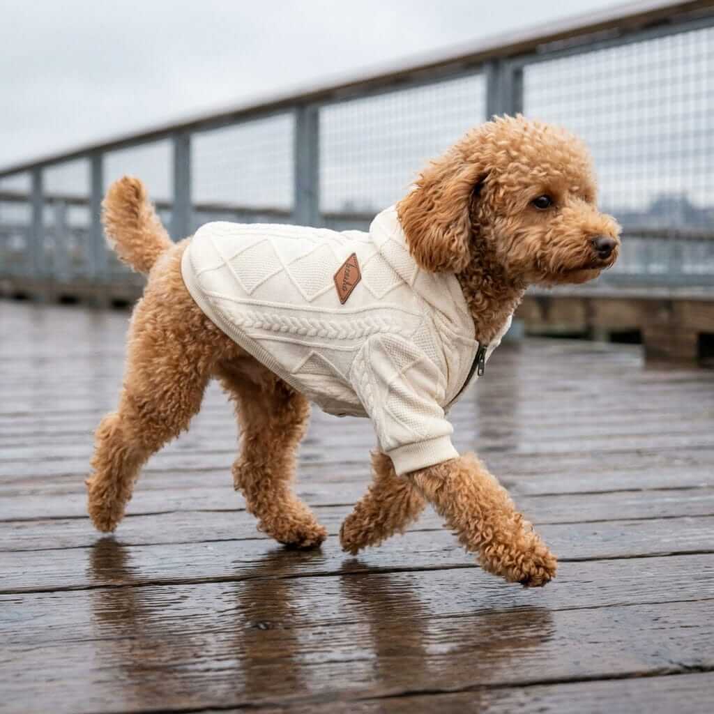 Woolen Hooded Dog Sweater on a stylish dog running outdoors, made of wool for comfort and warmth, perfect for dogs & cats.