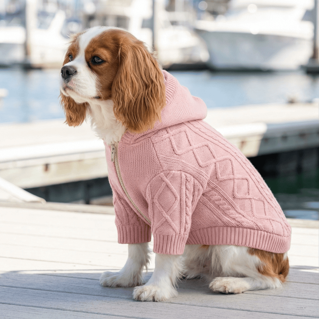 Woolen Hooded Dog Sweater on a Cavalier King Charles Spaniel by Dogs & Cats, stylish and warm for dogs.
