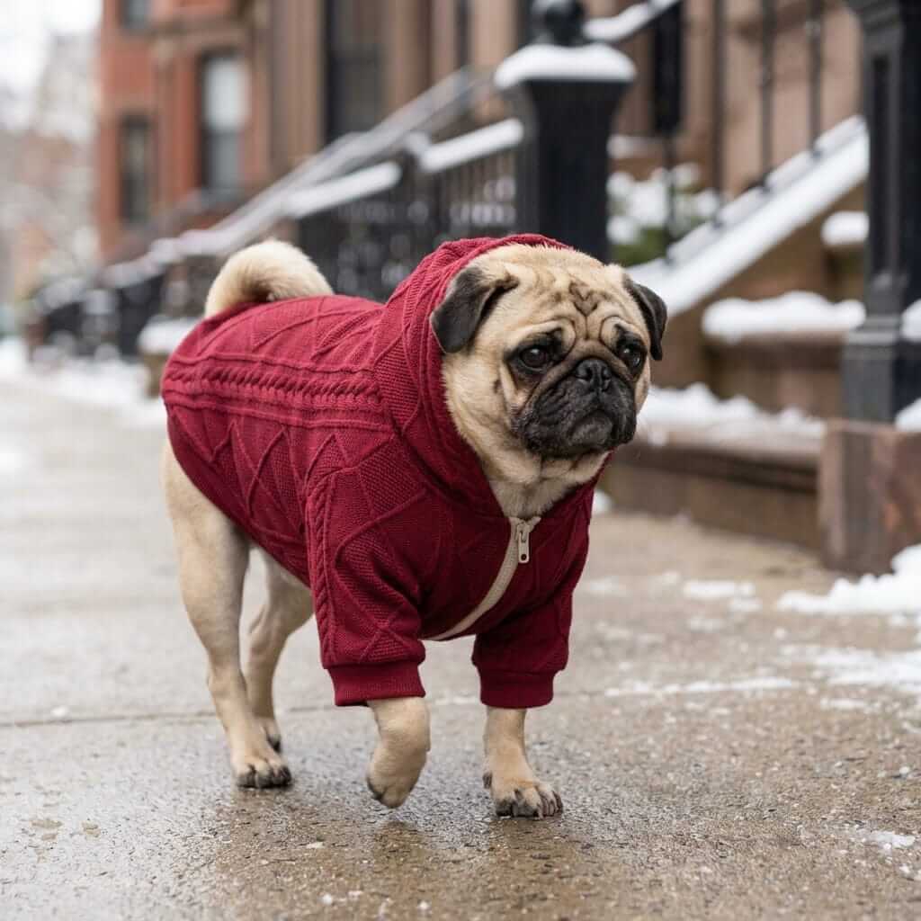 Woolen Hooded Dog Sweater on a pug, stylish warm hoodie for dogs by Dogs & Cats brand.