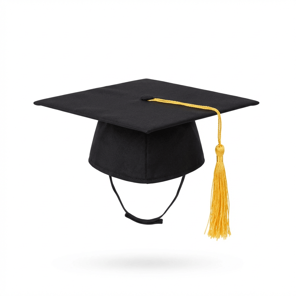 Yellow Tassel Degree Pet Hat - Cozy pet hat for dogs and cats. Features adjustable strap, breathable fabric, and yellow tassels.