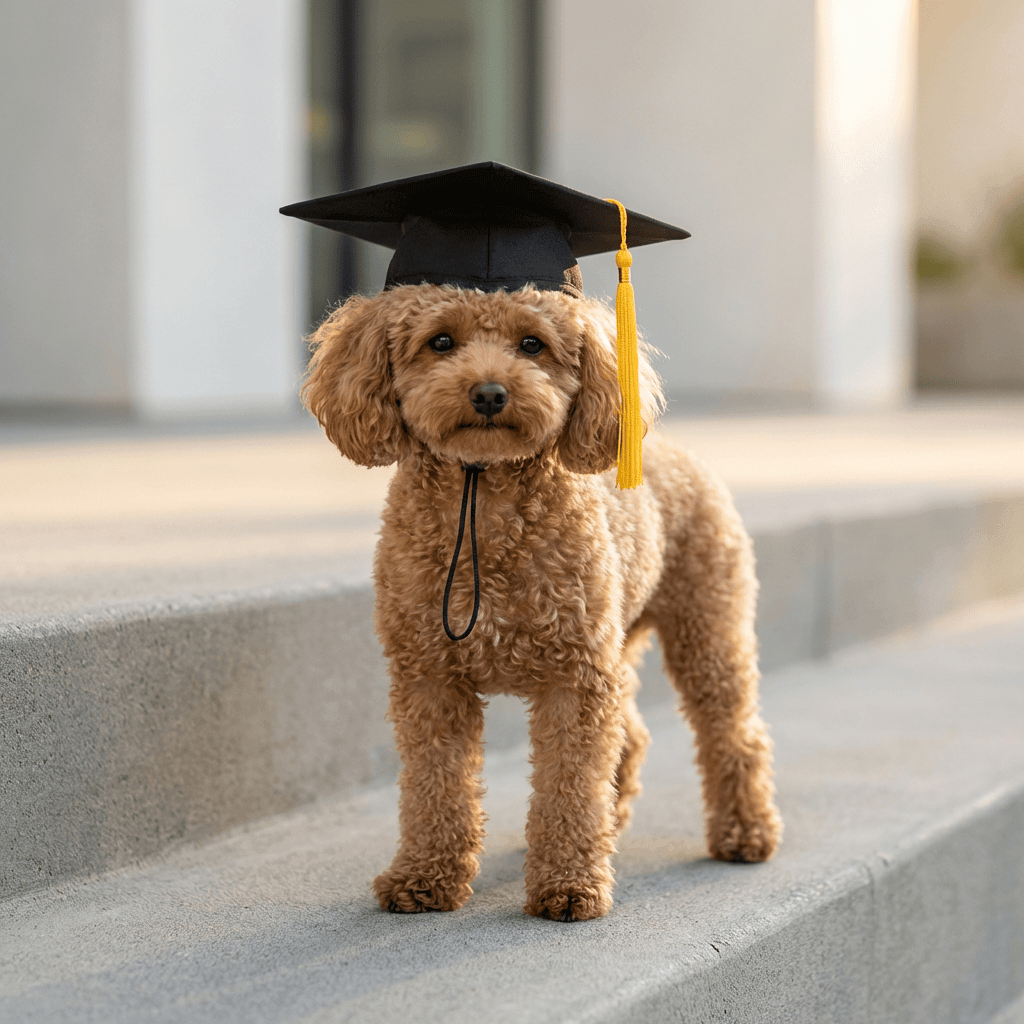 Yellow Tassel Degree Pet Hat on a cute dog, featuring adjustable strap and breathable comfort for Dogs & Cats.