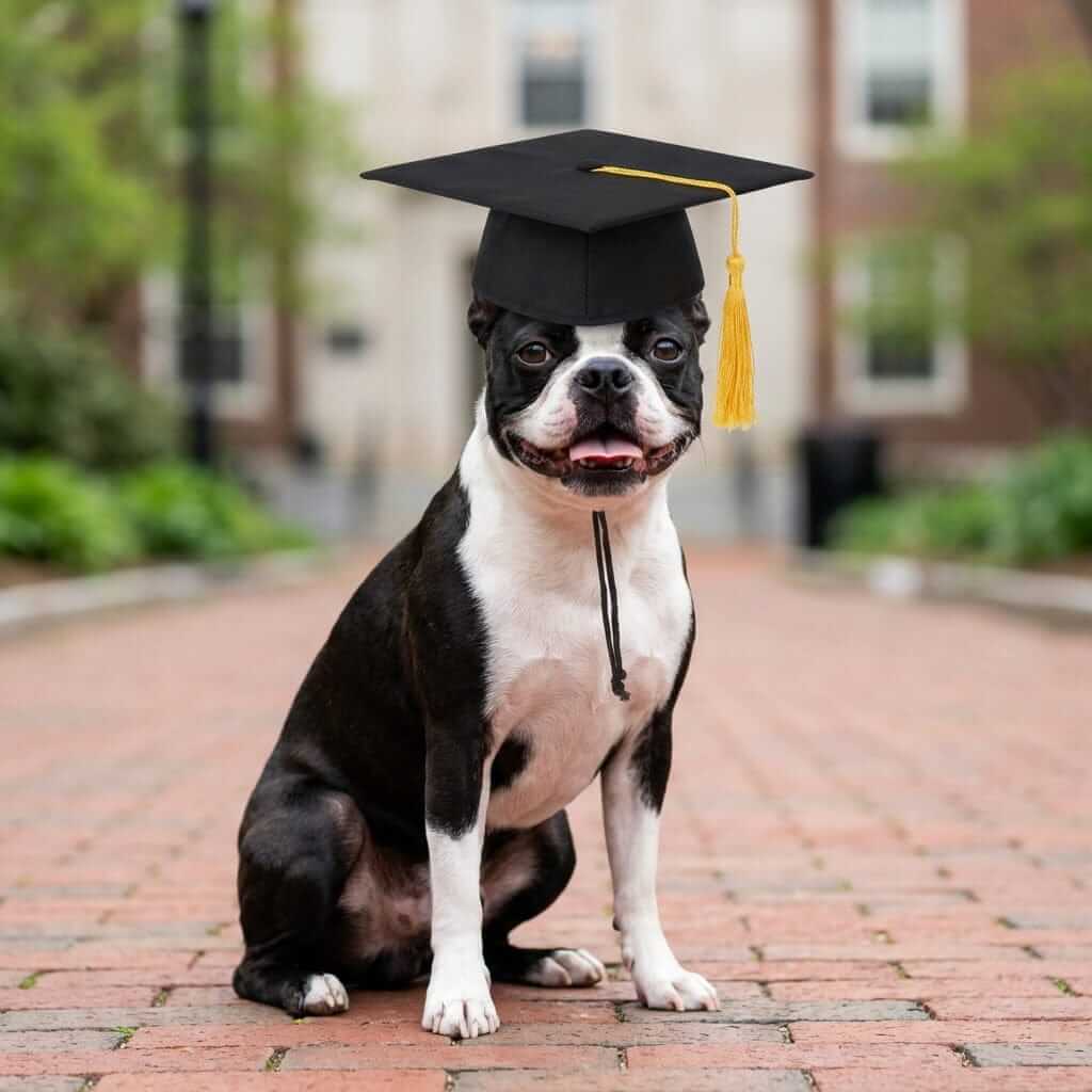 Yellow Tassel Degree Pet Hat on a smiling dog, featuring adjustable strap and breathable fit, from Dogs & Cats brand.