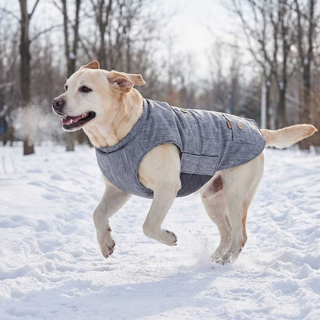 Zipper Pocket Quilted Dog Jacket on a happy dog running in snow, featuring breathable fabric and lightweight design.