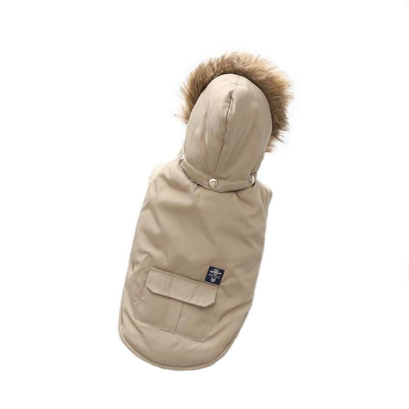 Big Bad Woof Hooded Winter Dog Coat in beige with fur hood for dogs, breathable and lightweight, by Dogs & Cats.