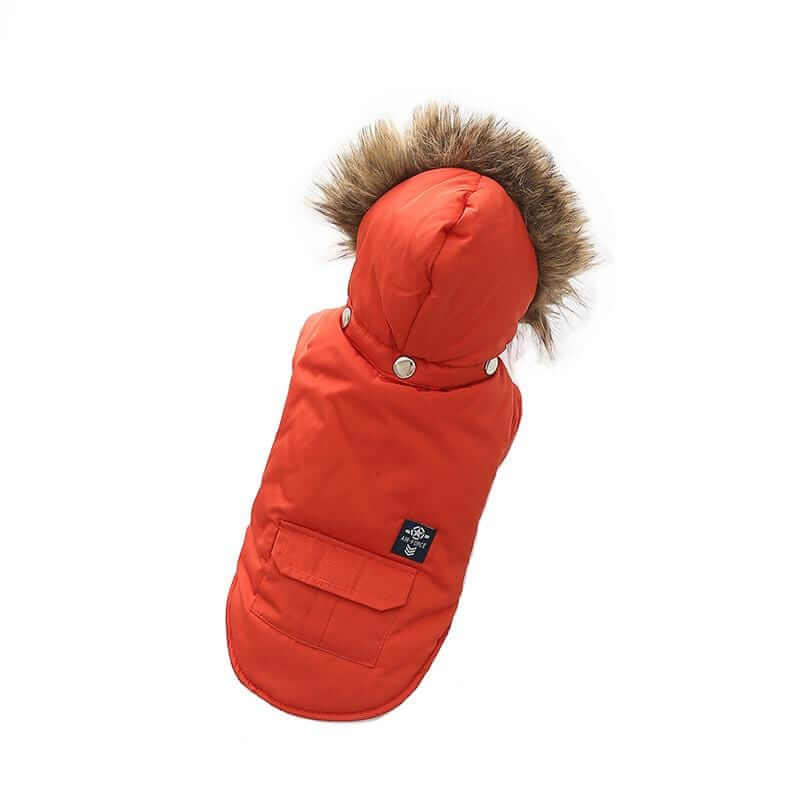 Big Bad Woof Hooded Winter Dog Coat, orange coat with fur hood, breathable material for dogs & cats.