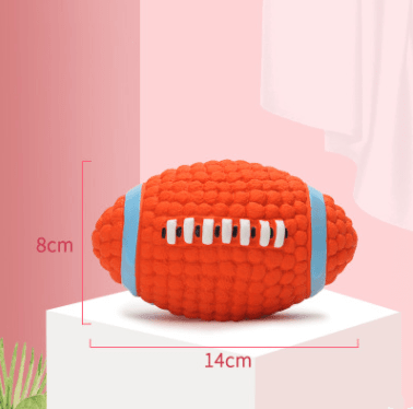 Bite-Resistant Dog Teeth Toy Ball on display, orange football-shaped toy for dogs, made of durable natural latex.