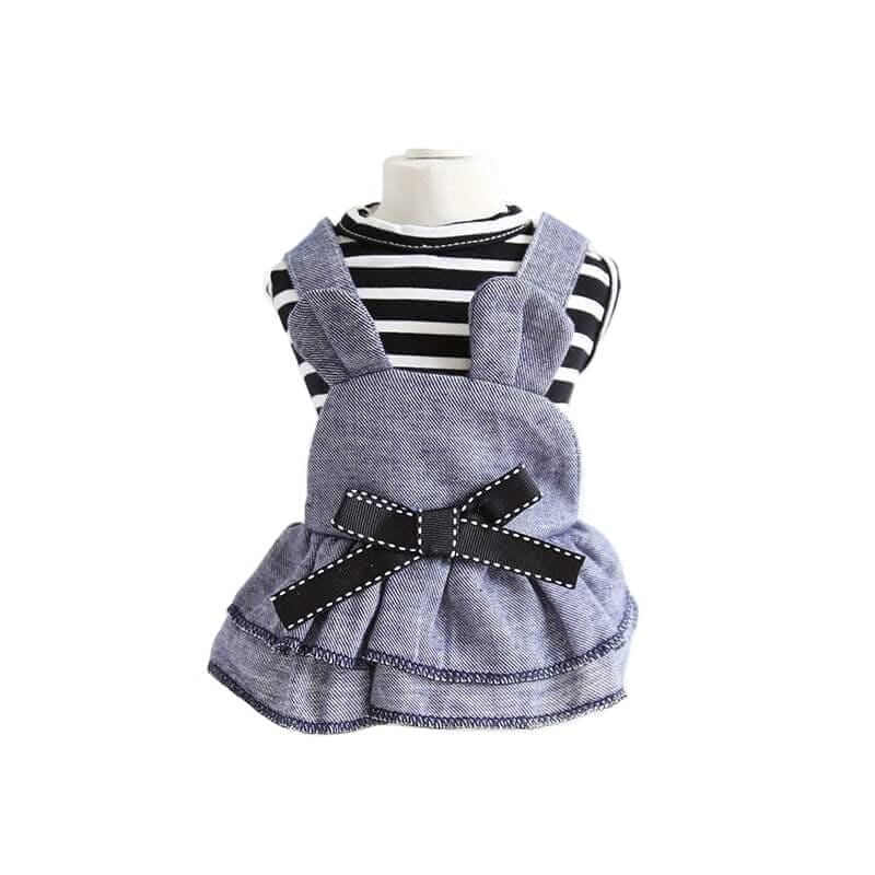 Bowknot Striped Denim Dog Dress showcased with striped top and bow detail, perfect for dogs & cats.