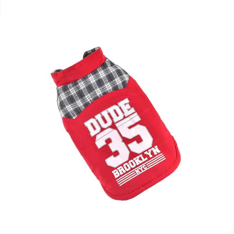 Brooklyn Dude Plaid Dog Jacket - stylish red dog coat with plaid lining, breathable, lightweight, cozy for dogs & cats.