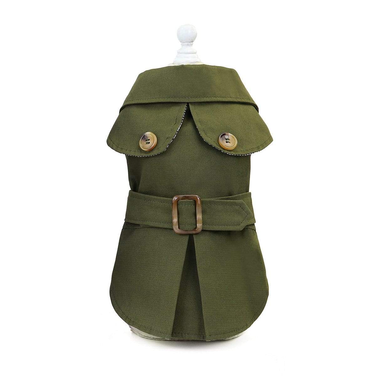 Button Belted Dog Coat for Dogs & Cats, featuring soft lining, wind protection, and dapper accent buttons.