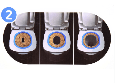 Cat Toilet Trainer training process showing gradual removal of litter on a toilet seat for hassle-free cat toilet training.