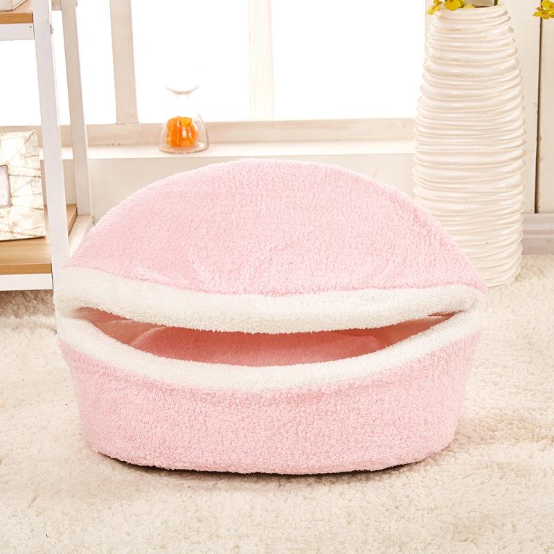 Creative Burger Pet Nest, cozy burrow pet bed for dogs & cats, soft faux sheepskin with insulated interior.