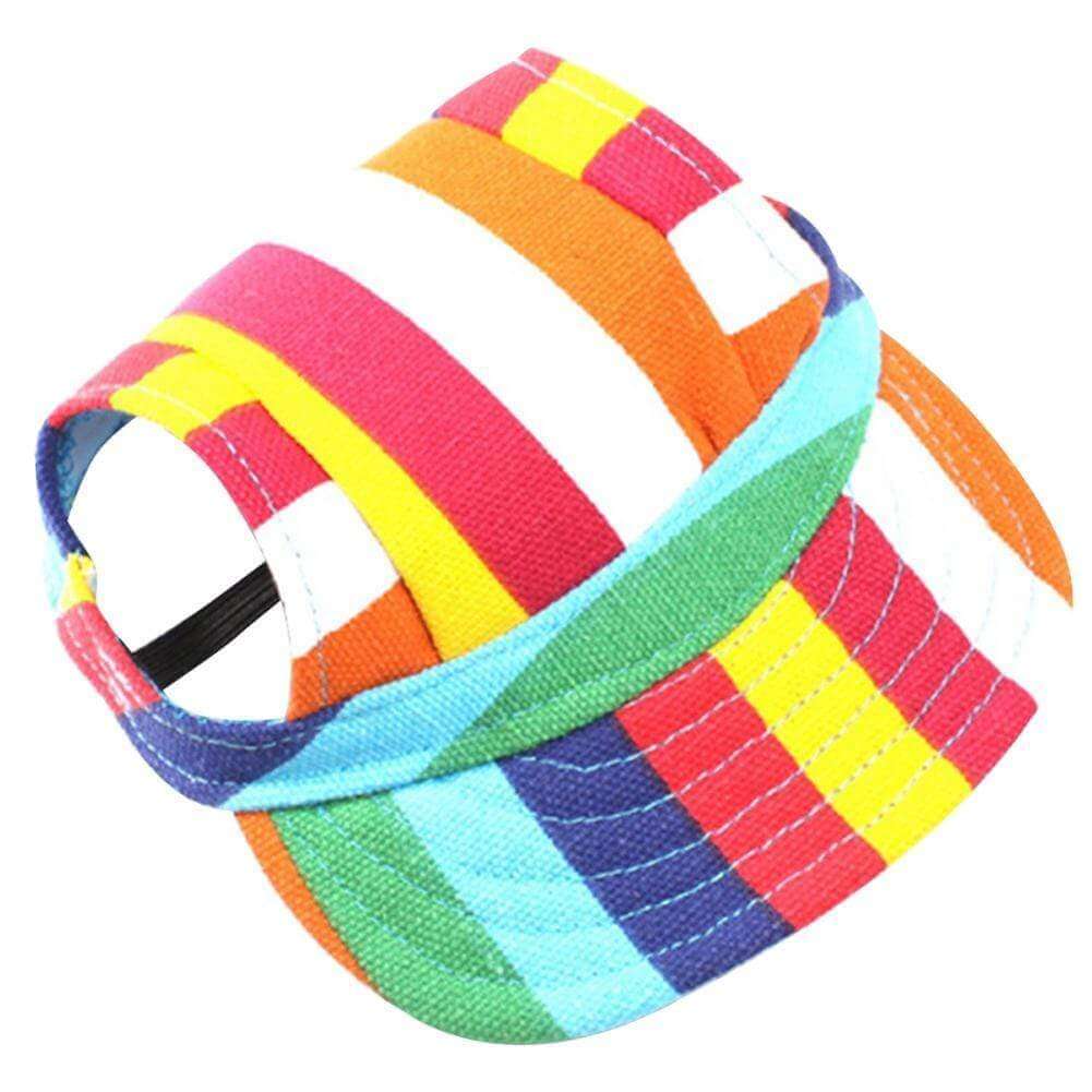 Cut Out Dog Baseball Cap featuring a colorful striped design, adjustable elastic strap for dogs and cats by Dogs & Cats.