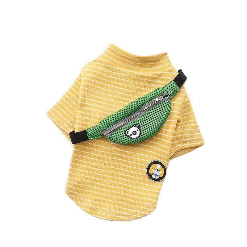 Fanny Pack Striped Dog T-Shirt featuring a yellow striped design and stylish fanny pack, perfect for Dogs & Cats.