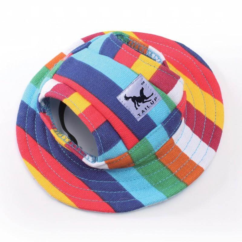 Floral Mesh Breathable Sun Hat for Dogs & Cats with a colorful striped design, breathable mesh, and adjustable fit.