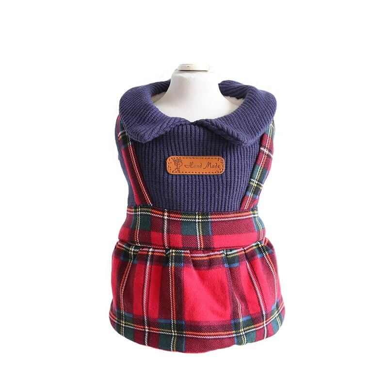 Going To College Plaid Dog Sweater Skirt featuring breathable plaid, knitted turn-down collar, by Dogs & Cats.