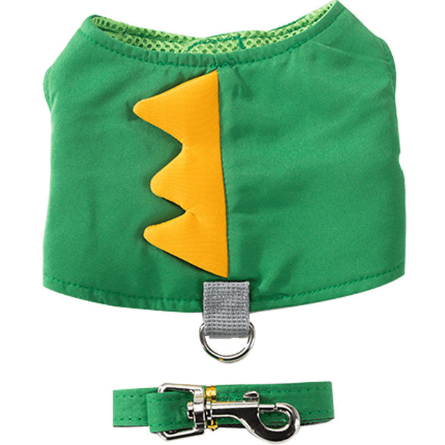Green Dino Puppy Harness Set with soft padding, adjustable neck opening, and quick-release clasp for Dogs & Cats.