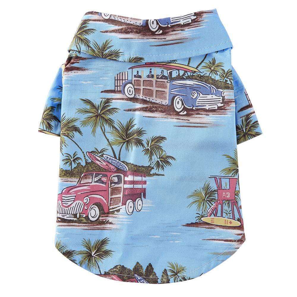 Hawaiian Print Beach Dog Shirt, lightweight, breathable cotton, perfect for dogs & cats, stylish summer outfit.
