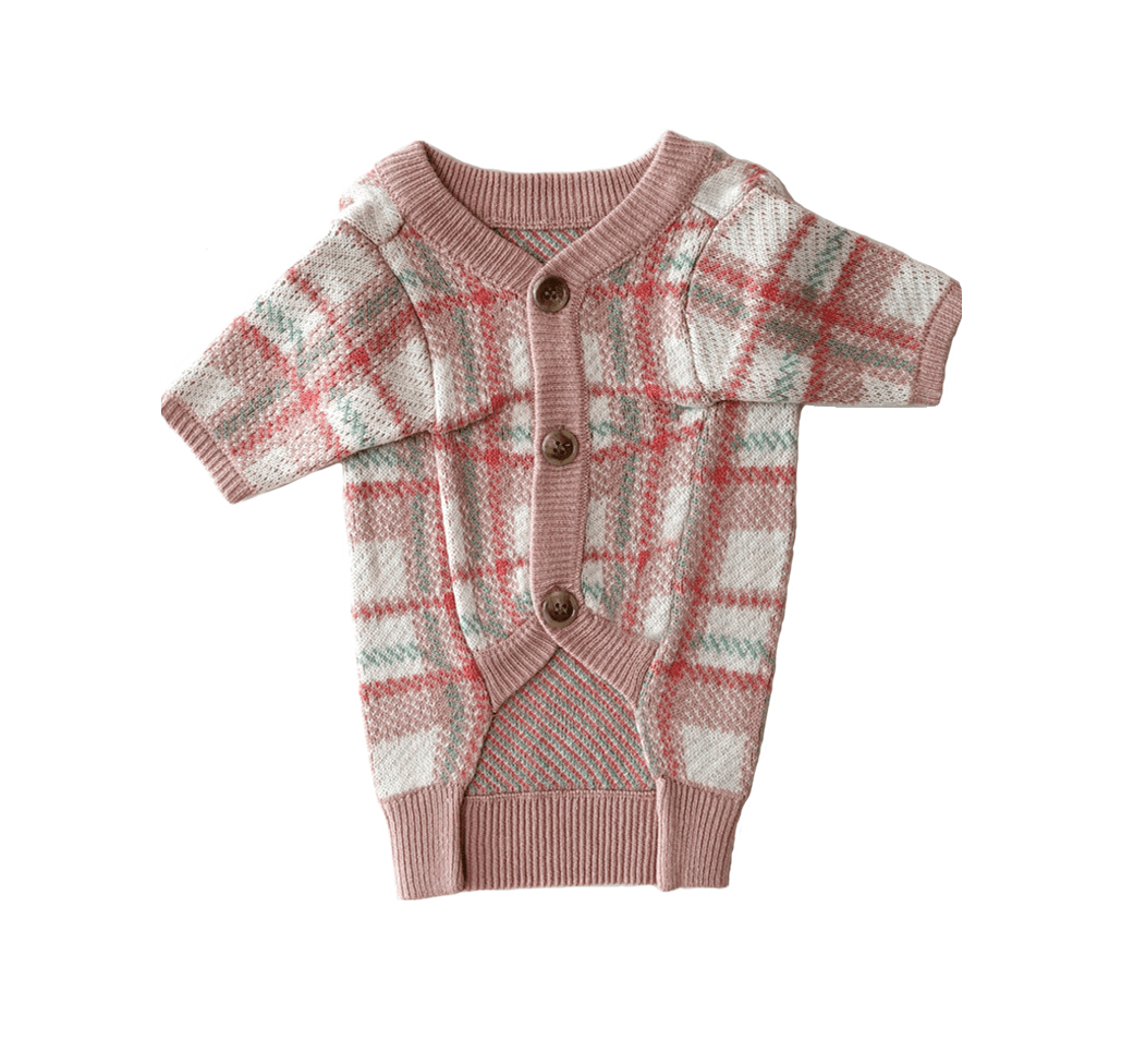 Knitted Plaid Dog Sweater, short sleeve, button-up closure, lightweight, breathable, by Dogs & Cats.