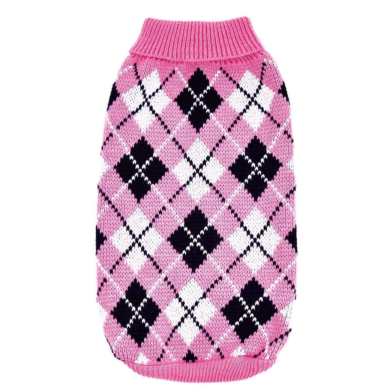 London Checkered Knitted Sweater for dogs & cats, warm pullover design, breathable knitted fabric, pink and black checkered pattern.