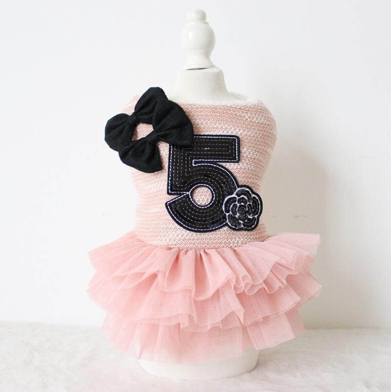 Number 5 Double Bow Tutu Dress in pink with tutu skirt, great fit, lightweight, designed for dogs & cats.