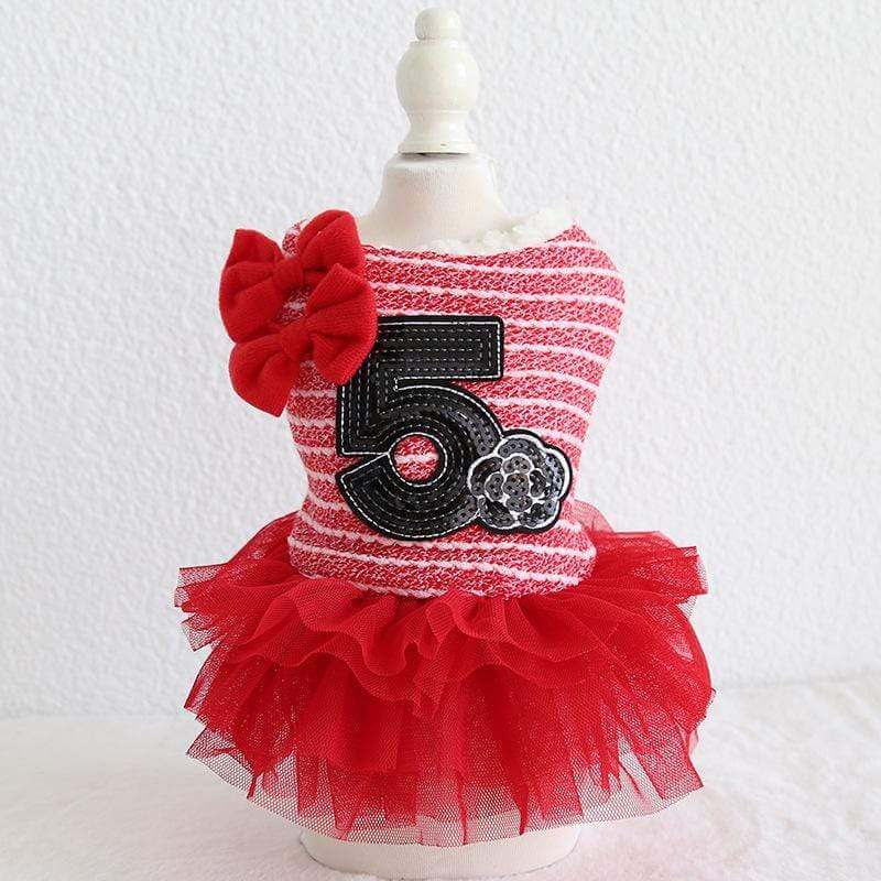 Number 5 Double Bow Tutu Dress for dogs & cats, featuring a tutu skirt, breathable fabric, and luxurious comfort.
