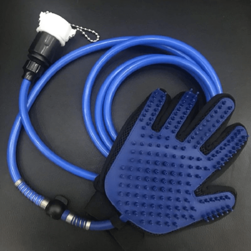 One Handed Pet Bathing Tool featuring a rubber scrubber glove and hose for easy pet bathing, designed for Dogs & Cats.