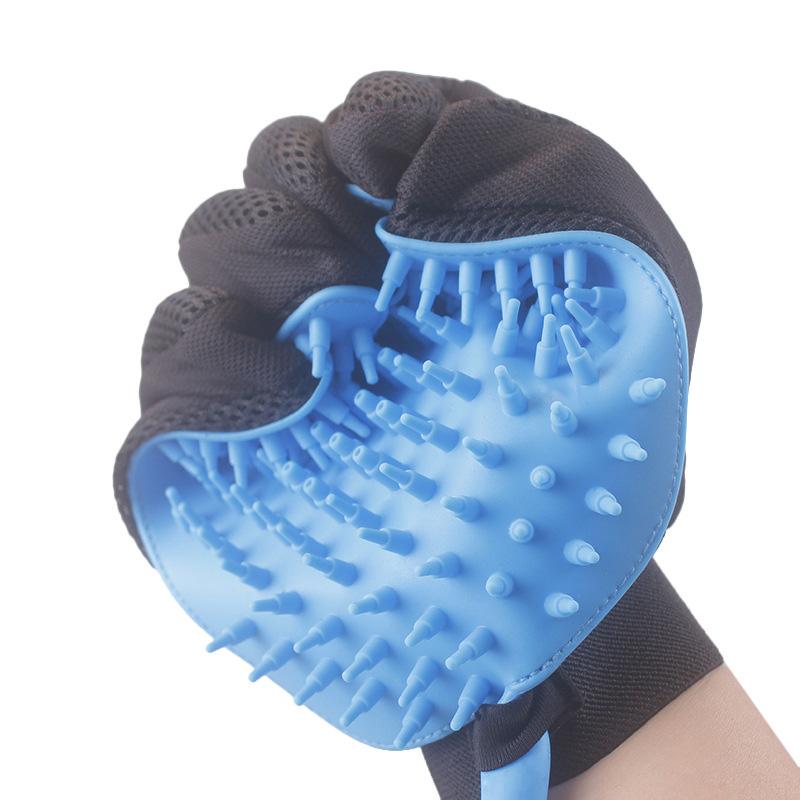 One Handed Pet Bathing Tool featuring a blue rubber scrubber glove for easy bathing of dogs and cats.