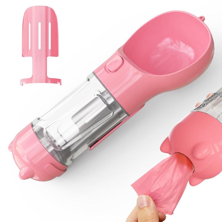 Outdoor Portable Pet 3 in 1 Water Bottle features sturdy design with feeder bowl and easy garbage bag dispensing for dogs & cats.