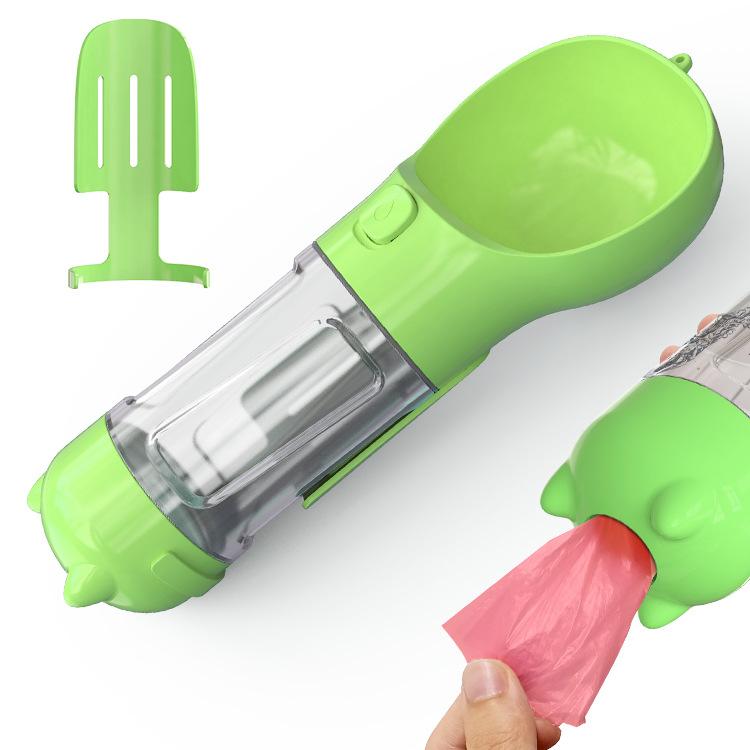 Outdoor Portable Pet 3 in 1 Water Bottle with feeder bowl and garbage bag feature for dogs and cats.