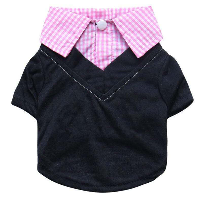 Plaid Collar Dog Shirt black with pink checkered collar, breathable design for dogs by Dogs & Cats.