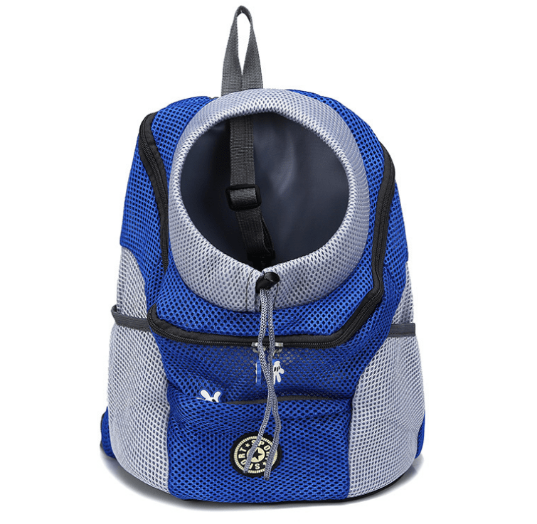 Portable Pet Carrier Chest Bag in blue mesh with round window for dogs and cats, designed for comfort and outdoor activities.