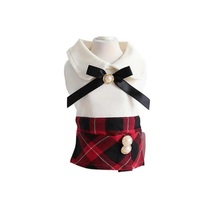 Queen Of Peals Plaid Skirt Dress for Dogs & Cats featuring bowknot, pearl details, and breathable plaid fabric.