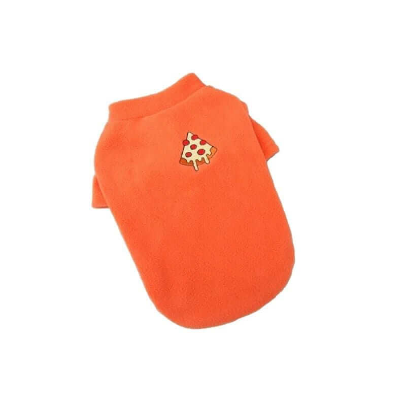 Restaurant Desires Dog Sweater, soft orange fleece with pizza design, comfortable for dogs & cats.