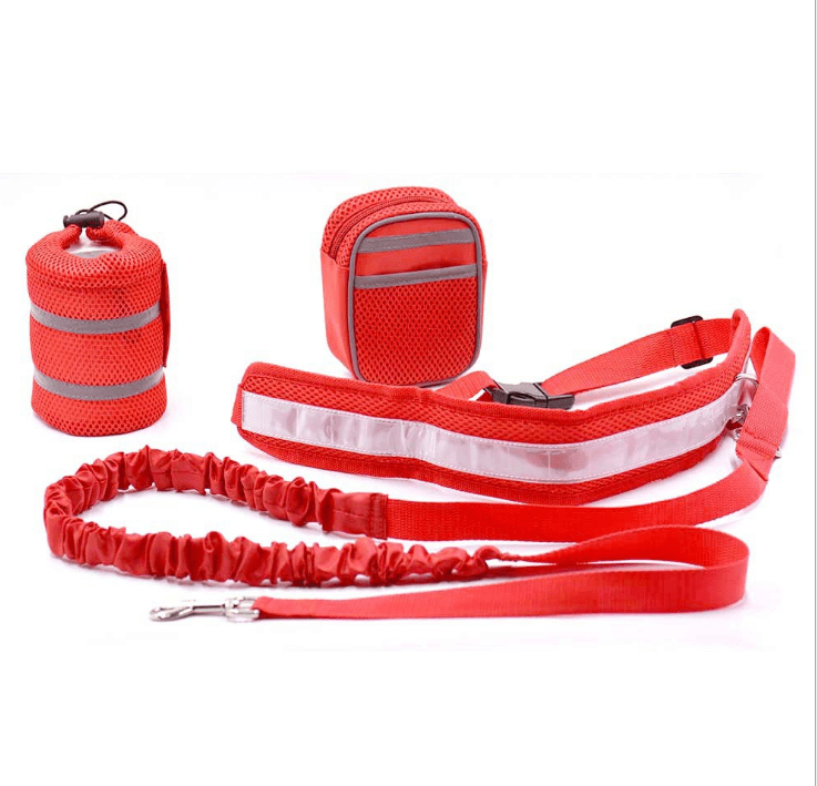 Retractable Hands-Free Leash for Large Dogs in red with waist pouch and reflective safety features.