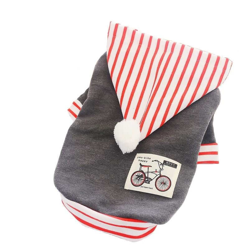 Riding Solo Striped Dog Sweater in gray with striped hood and pom-pom, perfect for summer, soft, breathable, by Dogs & Cats.