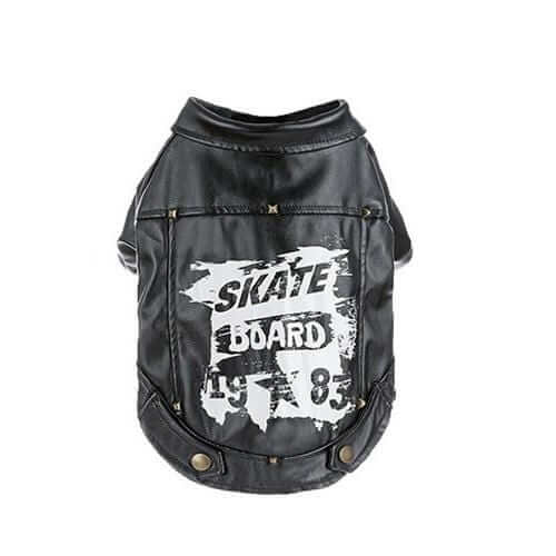 Skate Board 1983 Warm Dog Jacket, stylish black pet jacket with studded back print for dogs and cats.