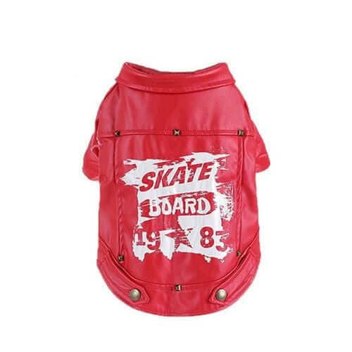 Skate Board 1983 Warm Dog Jacket featuring studded back print, stylish red design for dogs and cats.