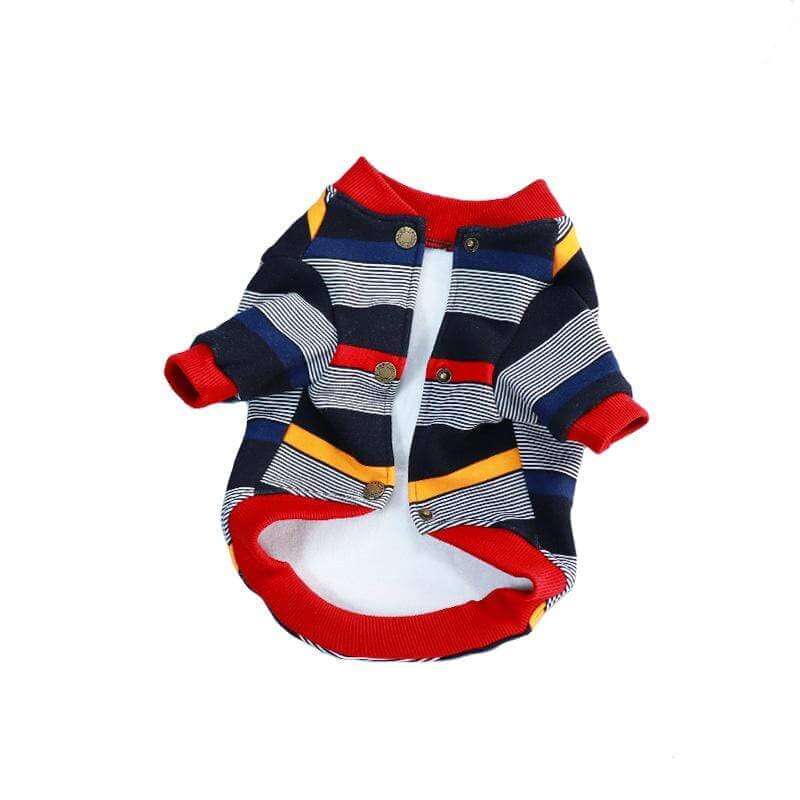 Striped Button Up Dog Sweater featuring colorful stripes, breathable lightweight feel, button closure, and short sleeves for dogs and cats.