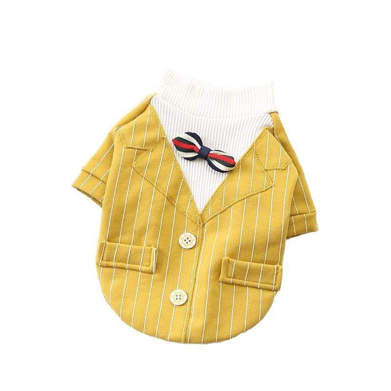 Striped Cotton Autumn And Winter Dog Top in stylish yellow with bowtie, perfect for dogs & cats, features soft cotton material.