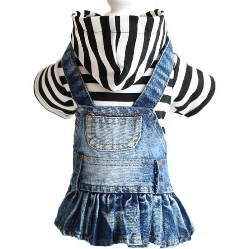 Striped Embroidered Denim Dog Skirt featuring belt loops, pocket, and breathable fabric by Dogs & Cats.