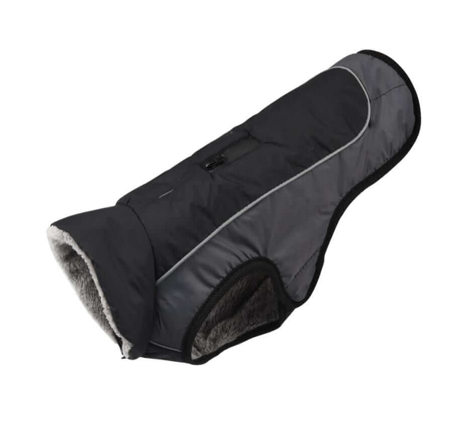 Thick Padded Reflective Dog Coat by Dogs & Cats, featuring water-repellent material and reflective panels for visibility.