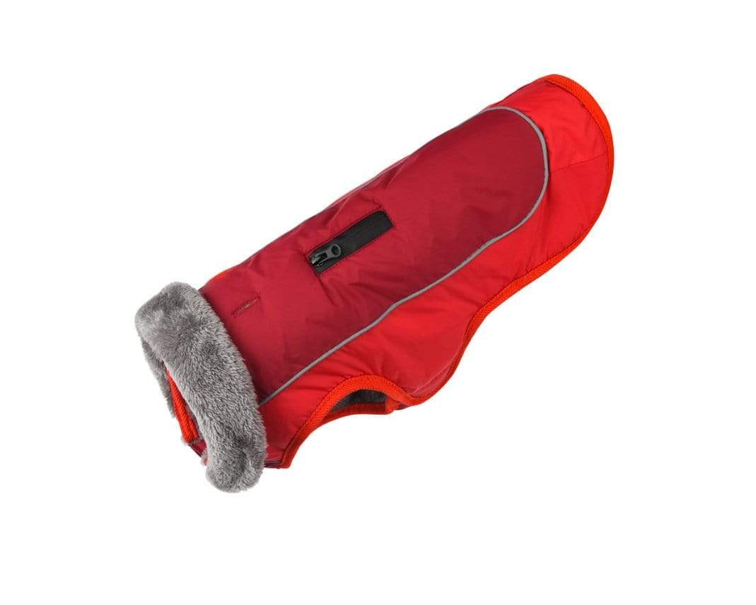 Thick Padded Reflective Dog Coat in bright red with a faux fur collar, designed for visibility and warmth in cold weather.