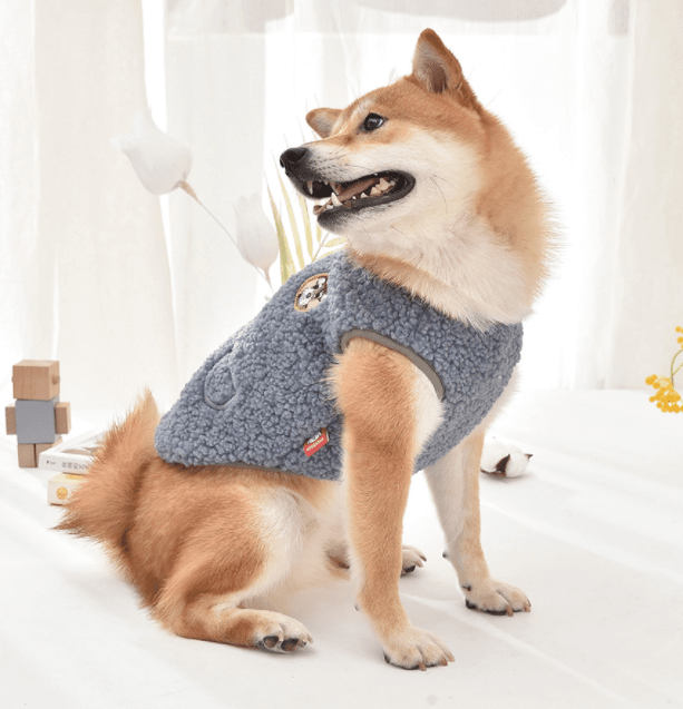 Thickened Autumn And Winter Polar Fleece Vest on a happy dog, featuring breathable fabric for pets, by Dogs & Cats.